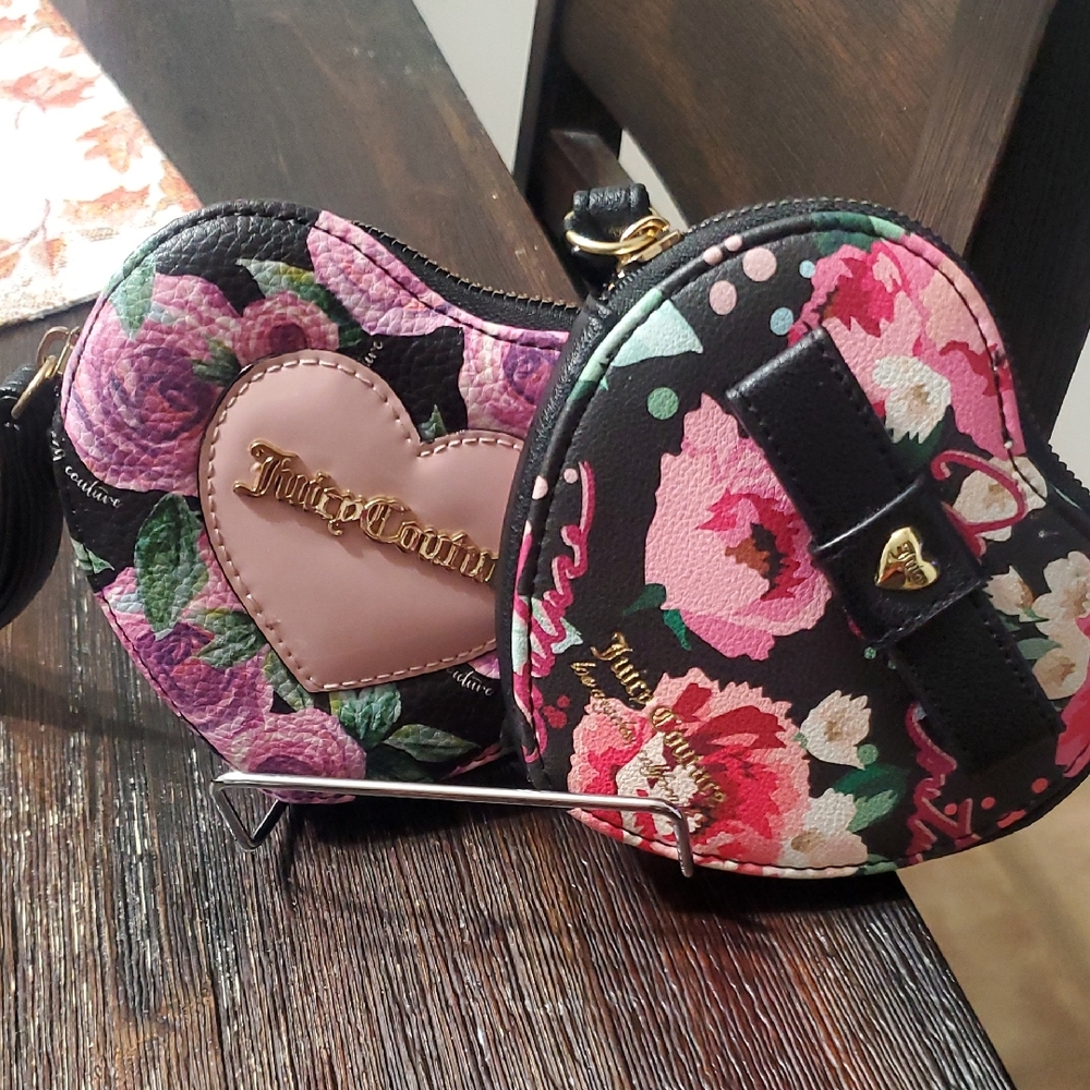 2 Juicy Couture Heart-Shaped Floral Coin Purse - Black and Pink